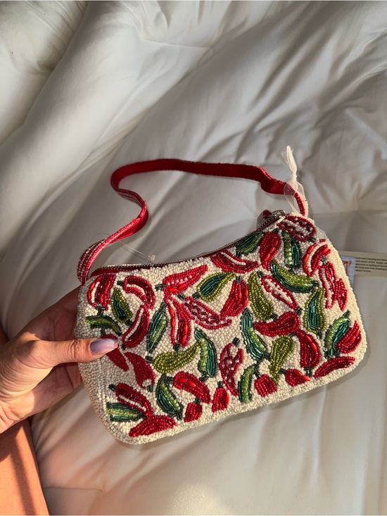 None Handbags - Chili Peppers Beaded Shoulder Bag Handmade in India New With Tags